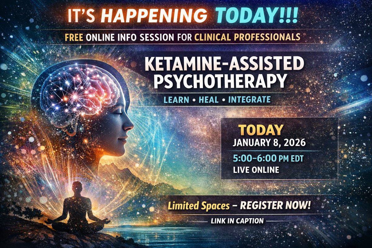 bttpsychedelics's tweet photo. It’s happening TODAY!
Free online Ketamine-Assisted Psychotherapy info session for licensed clinicians (nurses, doctors, psychologists, etc.)
🗓 Jan 8, 2026 | 🕔 5–6 PM EDT | Online
Register here:
https://t.co/rIAapN7zba
#KAPTraining #MentalHealth #TherapistTraining https://t.co/l8WFo0C8qF