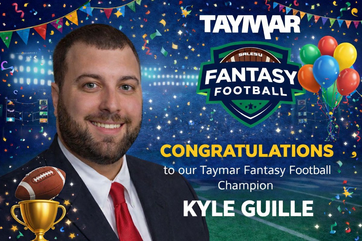 Taymarsalesu's tweet photo. 🏆🎉 All hail the Champ! 🎉 🏆

Congratulations to @GillySuitUp, our Taymar "Mark Dyer" Fantasy Football Champion! A season full of big moves, clutch decisions, and championship-level strategy paid off. Well done, Kyle! https://t.co/K7pvsfogMZ