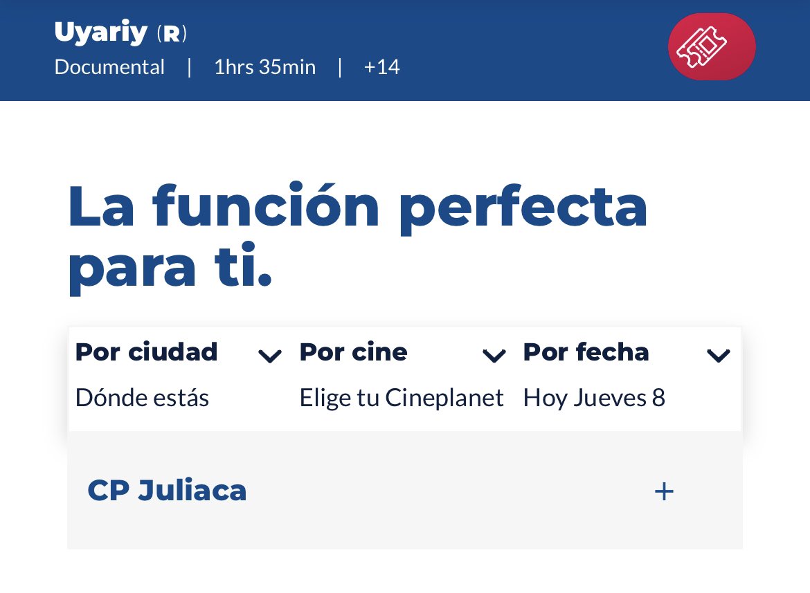 PertinentWriter's tweet image. Una decepción con @cineplanet porque ahora solo aparece 1 lugar para ver Uyariy.