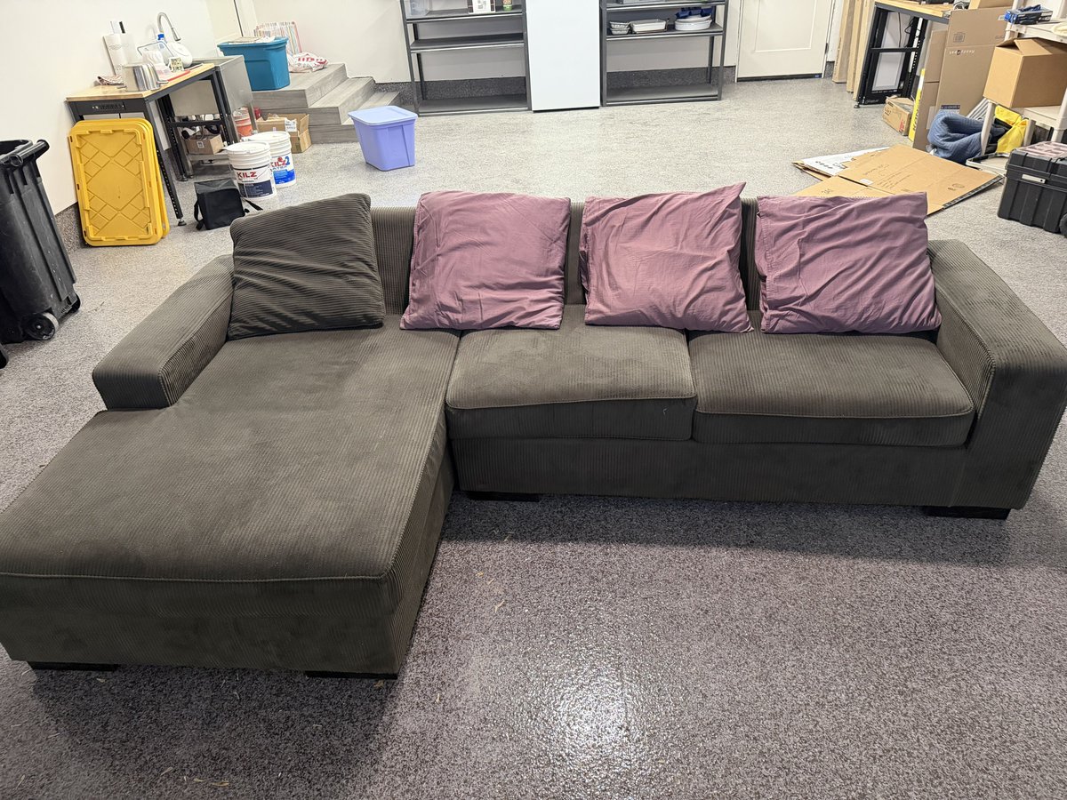 Neildos's tweet image. Giving away a free sectional if anyone here needs one. It’s 14 years old, hasn’t had a ton of use &amp;amp; is still relatively comfortable. It’s 115” wide, 38” deep for the normal cushions, 65” deep on the chaise lounge section. It’s a dark green in color, has some mismatched pillows