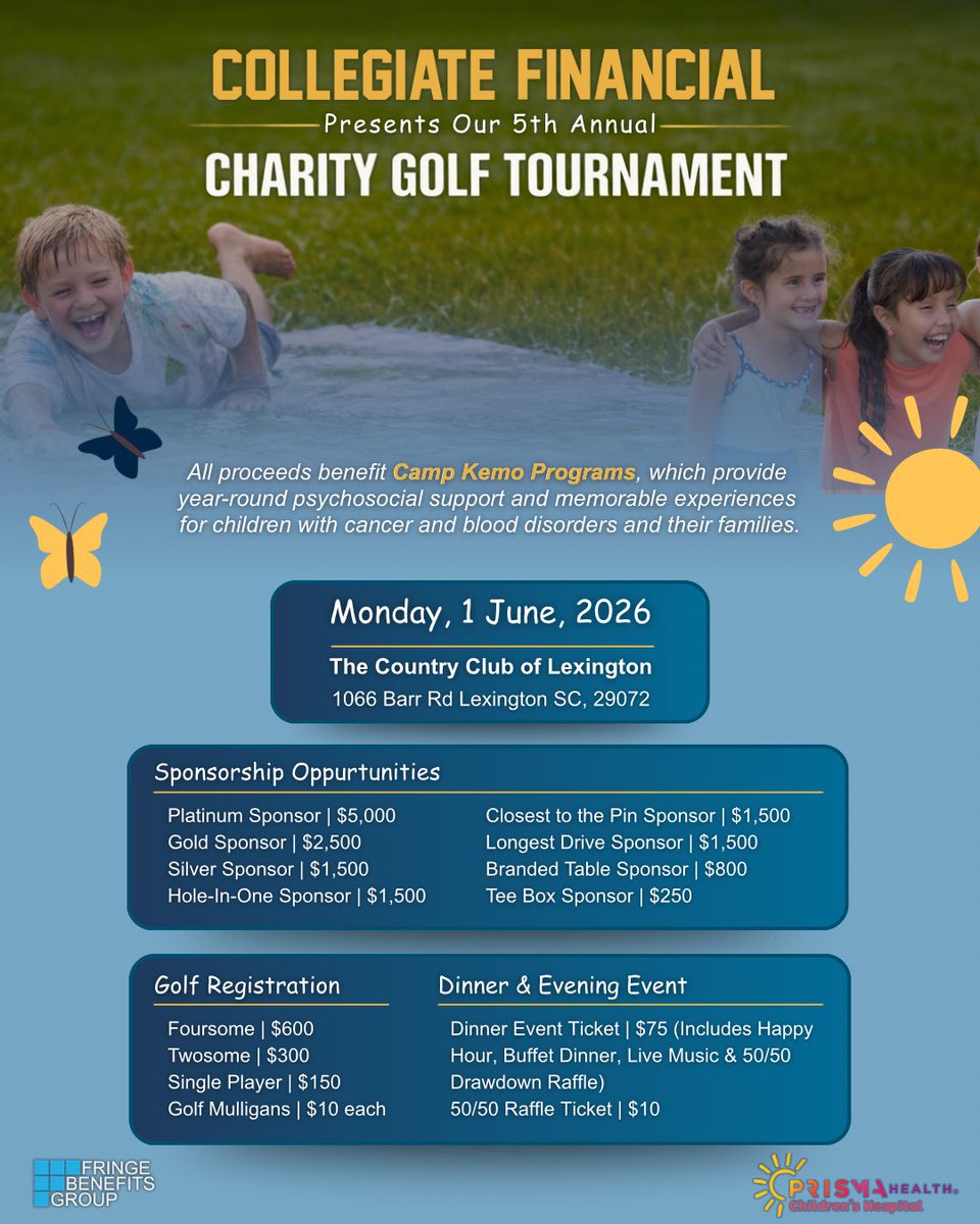 ⛳ Save the Date!

Collegiate Financial is proud to host our 5th Annual Charity Golf Tournament on Monday, June 1, 2026 at The Country Club of Lexington.

All proceeds benefit Camp Kemo Programs.

👉 More details and registration coming soon.