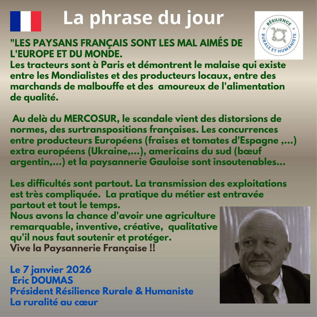 La paysannerie Française est en danger!
Distortion des normes d'un pays à l'autre
Gestion des épidémies dogmatique et cataclysmique
Mise en route de marchés globaux internationaux d'un autre temps 
Contrôles trop nombreux et intrusifs
Transmissions d'exploitations complexes et