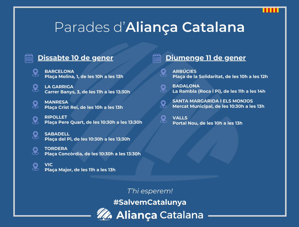 Aquest cap de setmana sortim de nou al carrer. 

Parades informatives, cara a cara, escoltant la gent i defensant el país sense complexos. 

Consulta el llistat i vine a trobar-nos.

💙#SalvemCatalunya