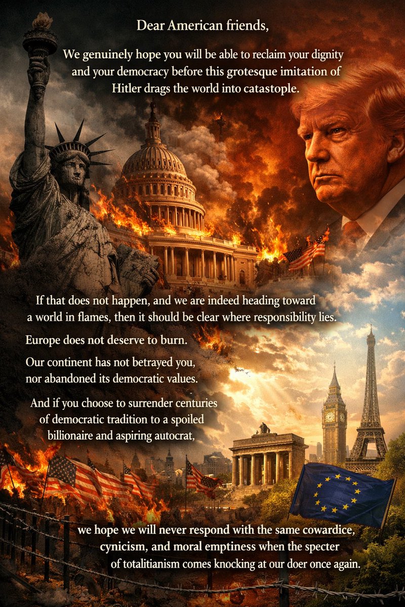 A brief letter to Americans…

#WakeUpAmerica #EuropeStands #DefendDemocracy #NoToAuthoritarianism #MadeInDemocracy