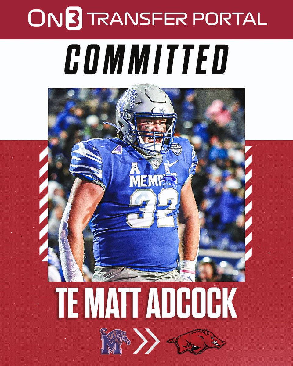 TransferPortal's tweet photo. BREAKING: Memphis transfer TE Matt Adcock has signed with Arkansas, @PeteNakos reports🐗

https://t.co/m1i27KUB3C https://t.co/6Z92sp84sA