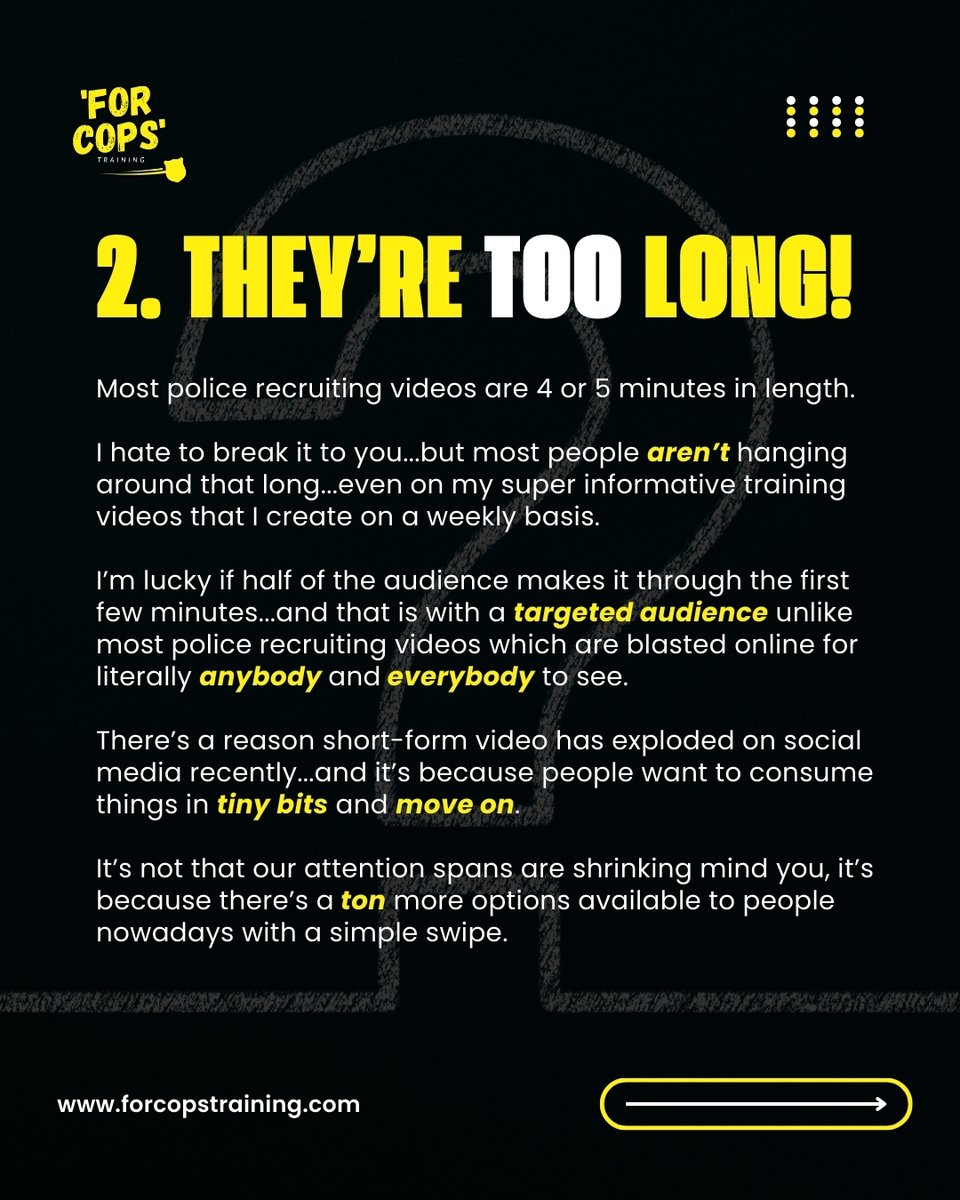 ForCopsTraining's tweet image. Here’s the bottom line... 👇

Recruiting videos are not a recruiting strategy.  💯
Ready to start doing things on purpose! 💪
Check out all of the resources available on my website and start recruiting like it's 2026! 🚀

👉 forcopstraining.com

Know someone in police…