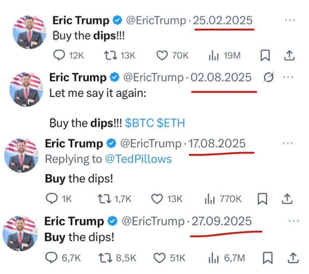 These posts have always been followed by a #Bitcoin and crypto crash. Eric  Trump is the new Top signal.