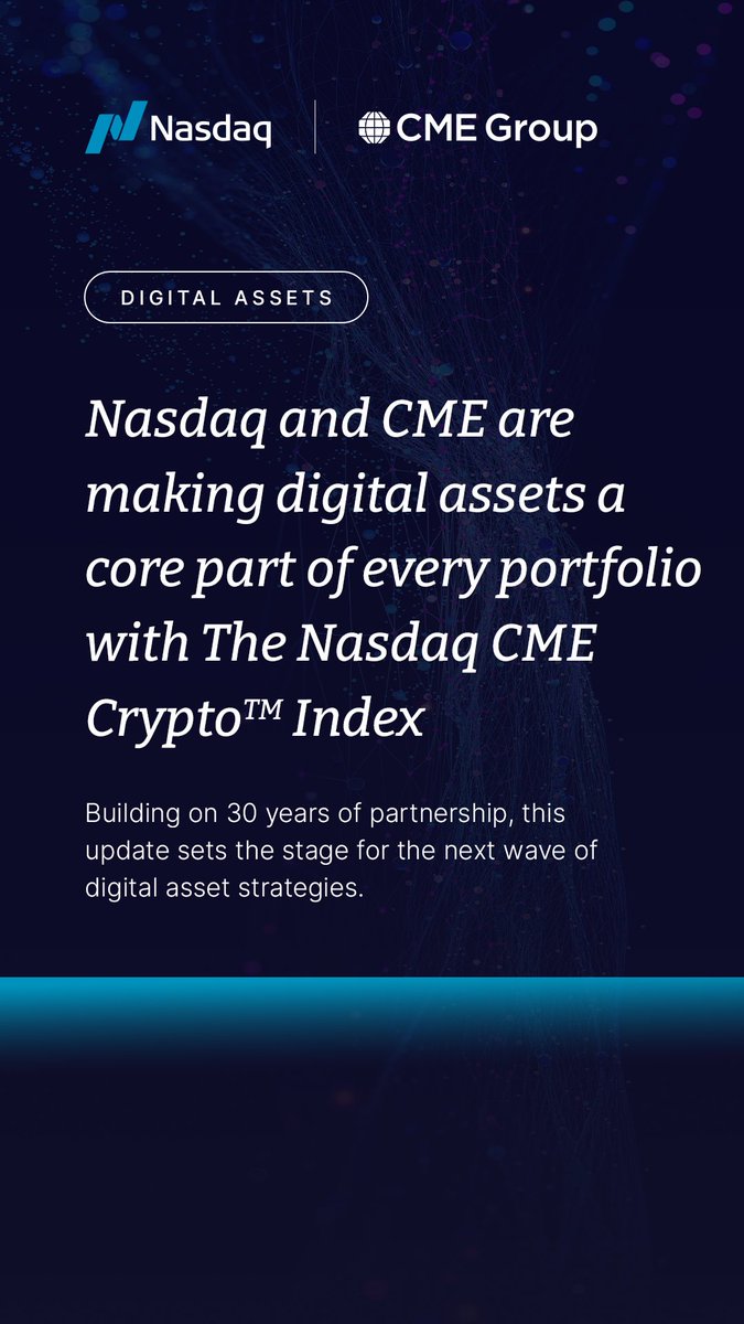Nasdaq's tweet image. Today, Nasdaq &amp;amp; @CMEGroup are responding to that demand and reintroducing the Nasdaq Crypto Index (NCI) as the Nasdaq CME Crypto™ Index (NCITM) establishing a leading benchmark built for institutional-grade exposure and the next wave of derivatives innovation.…
