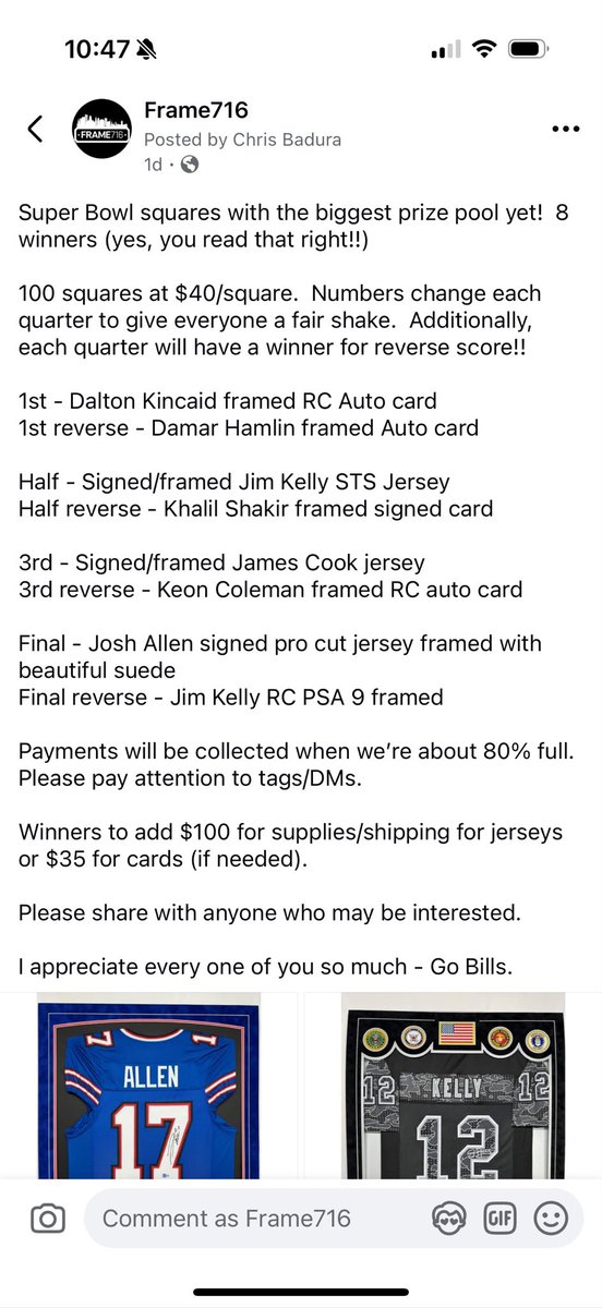 Frame_716's tweet image. Sharing here too for those who don’t follow on other platforms…

SB squares… $40… numbers change each quarter with prizes for reverse score too!