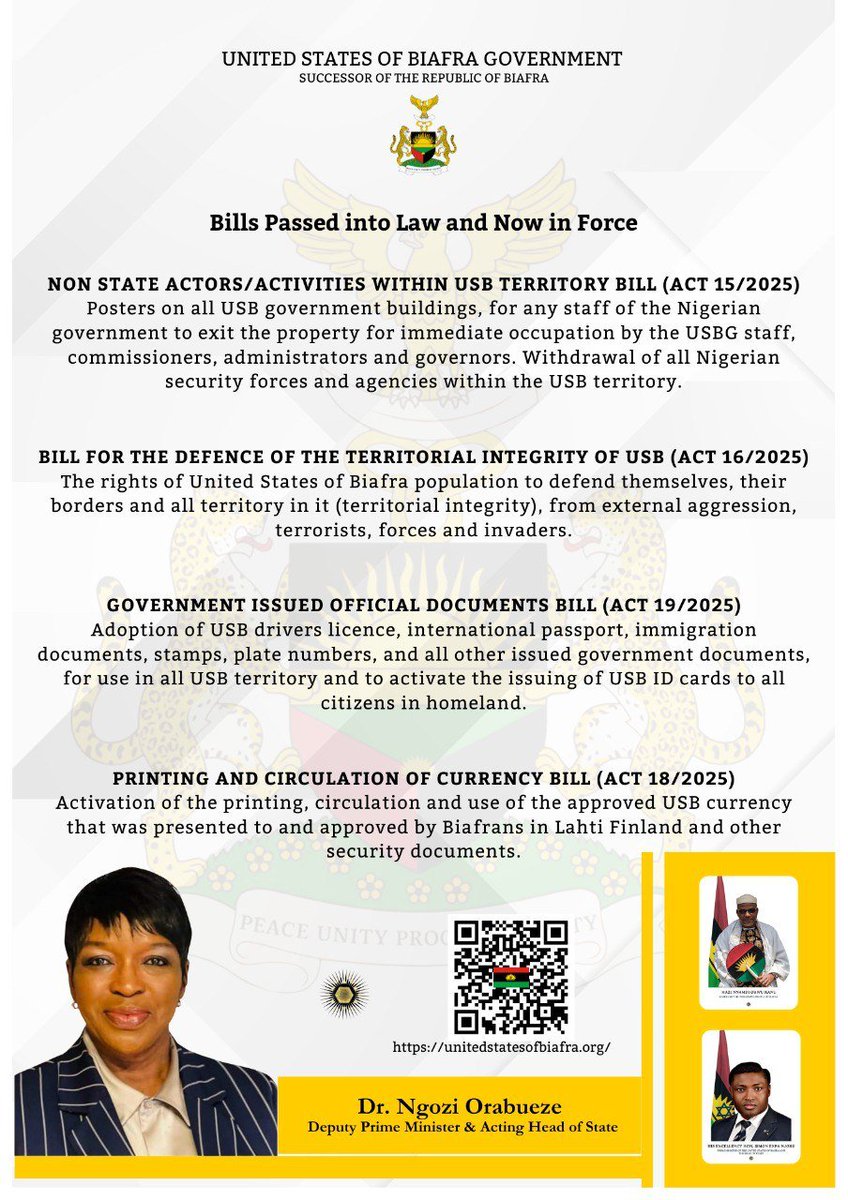 BLA_Network's tweet image. Public Notice:

 Pursuant to the People’s Mandate and Constitutional Authority, the Following Bills Have Been Passed into Law and Are Now in Force.

Nigeria government must obey #USB sovereignty and leave biafra territory @POTUS @WhiteHouse @netanyahu