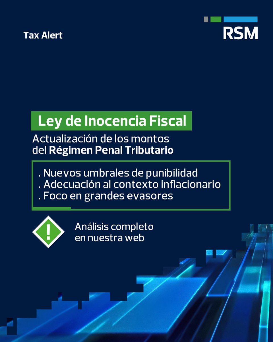 La Ley de Inocencia Fiscal actualiza los montos del Régimen Penal Tributario.
Nuevos umbrales, foco en grandes evasores y actualización automática por UVA.
Análisis de RSM Argentina 
👉 Nota completa en nuestra web: bit.ly/3LkJlIk
 #LeyDeInocenciaFiscal #Impuestos #RSM