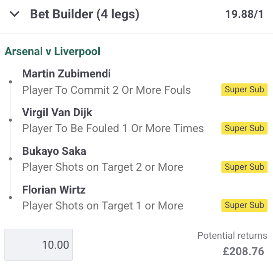 FootySuperTips's tweet photo. ARSENAL ๐ LIVERPOOL Bet Builder
๐ค ยฃ10 returns ยฃ208.76
We've put together a 19/1 tip for the HUGE clash at the Emirates this evening ๐ฅ
18+ #GambleAware | #BuildBetterBets https://t.co/dCdmZAL3OD