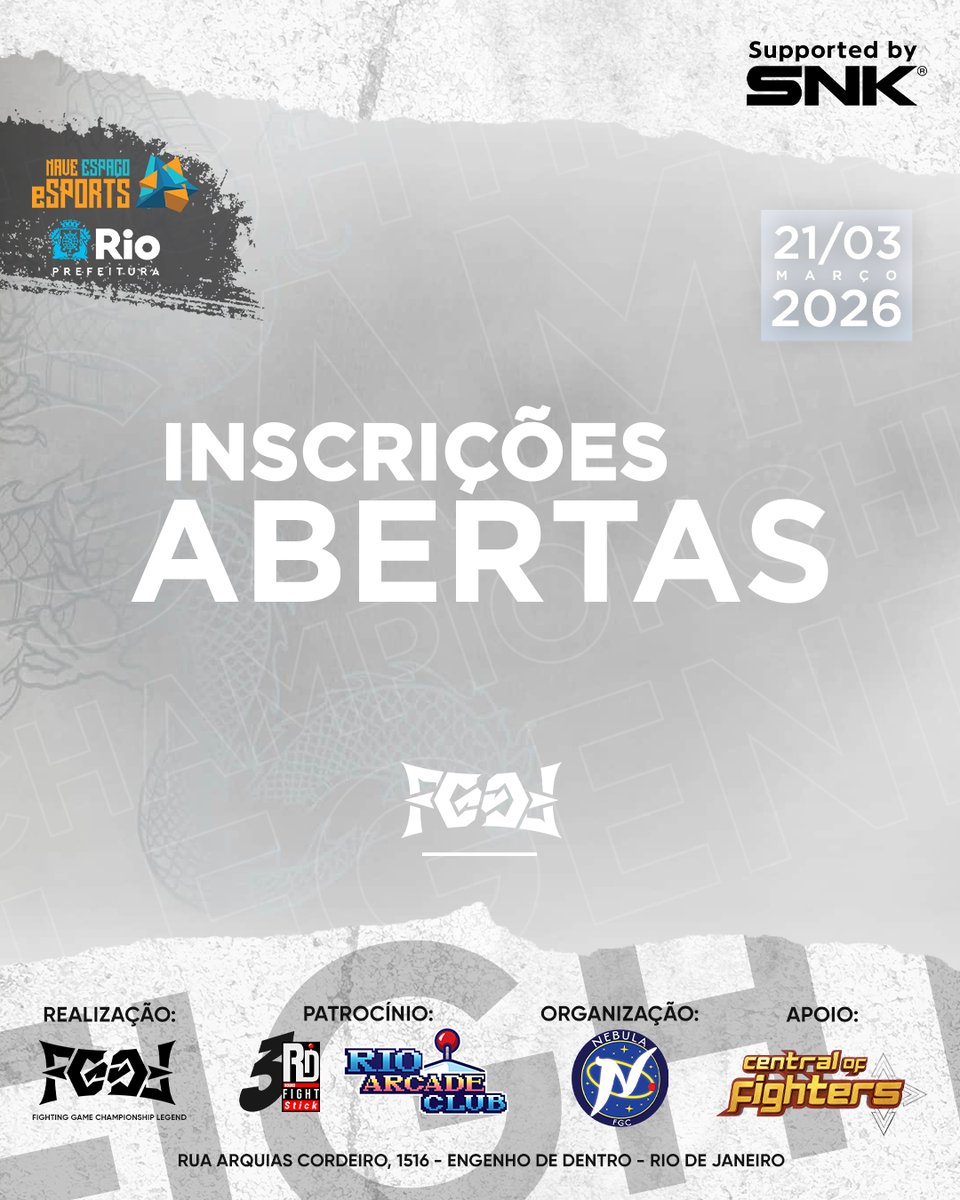 INSCRIÇÕES ABERTAS
O FGCL 2026 vem aí!
🏆 Torneios oficiais
⚔️ Estrutura profissional
🤝 Evento com suporte da SNK
📅 21/03/2026 — RJ
🔗 Inscreva-se no start.gg: start.gg/tournament/fgc…
FGCL — o palco onde as lendas se consagram.

#FGC #eSports #FIGHTINGGAME