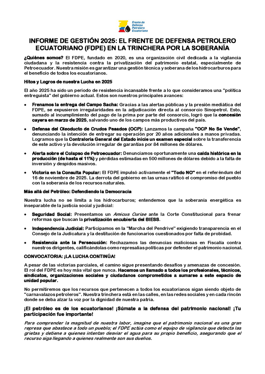 Este sucinto informe de acciones del FDPE en el 2025, que fue impulsado por cientos de ciudadanos patriotas del país y migrantes, en defensa de nuestros recursos naturales. Para continuar en la lucha