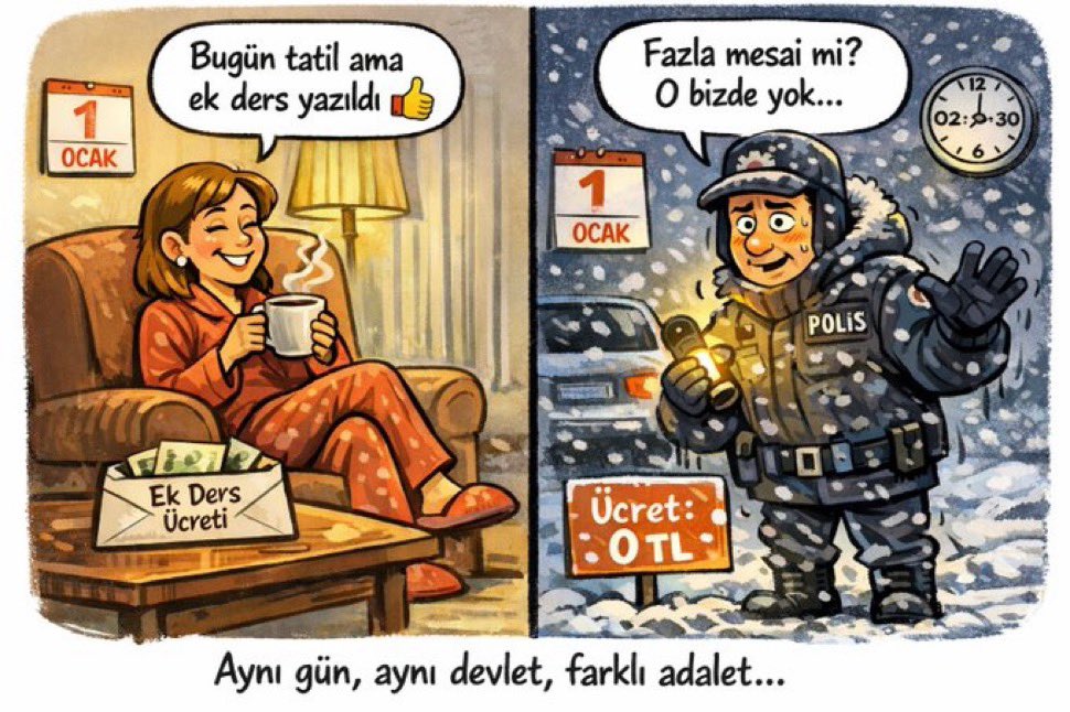 Gitmediği mesainin ek ders ücretini alan da memur!
Normal mesaisine gidip
Yılbaşında
Karda soğukta
Gecenin bir yarısına kadar fazladan çalışıp
hiç bir ücret almayan da memur
Bu kazanımın
KAZANA-MA-MA-NIN SEBEBİ NEDİR ACABA??

#PolisOlmak