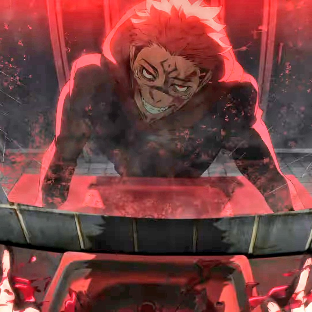 barbiesukuna's tweet image. this sukuna reminded me of the first culling games visual we got of yuuji. its even better as a set now with yuuji's despair contrasting with sukuna's manic elation. the bloody hands that are a curse for one and art for the other. just perfect