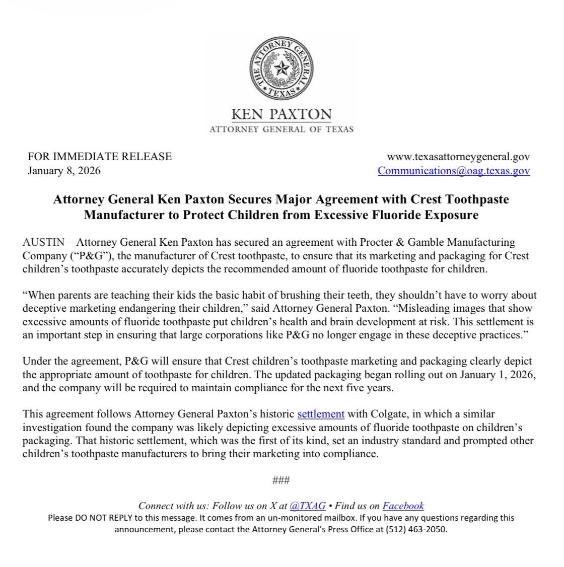 KenPaxtonTX's tweet image. BREAKING: I secured a major agreement with the Crest toothpaste manufacturer to protect children from excessive fluoride exposure.