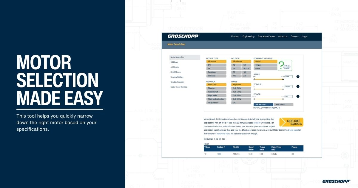 Too many motor options and not sure where to start? 

Our Motor Search Tool lets you filter motors by type, gearbox, and controls, then narrow results by key specs like voltage, speed, torque, power, and phase. 

Explore it here: groschopp.com/motor-search-t…
