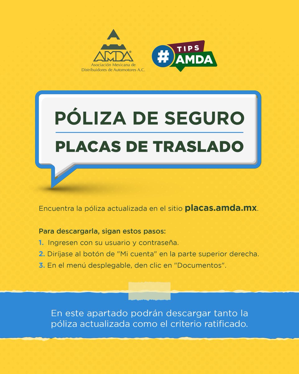 AMDAMX's tweet photo. #TipsAMDA

Evita contratiempos, encuentra la póliza de seguro actualizada de tus placas de traslado iniciando sesión en https://t.co/q2fiYPsUa7 https://t.co/9LhsjHYORj