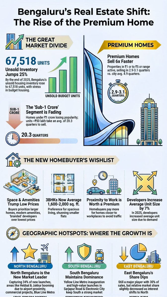 Major Shift in #Bengaluru Residential Market:
■Homes in the ₹1 Cr to ₹5 Cr range are selling much faster (Avg 3 quarters).
■ North #Bengaluru most preferred location with 34% sales &amp; East BLR share down at 30%
​■Buyers are opting for Larger units (1,600–2,000 Sq. ft).