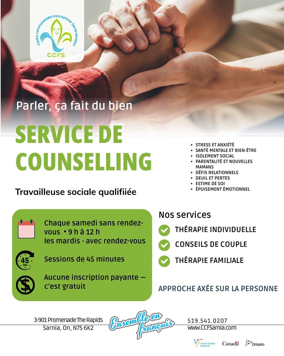 FARFO_Ontario's tweet image. 🌟 Service de Counselling 🌟

Offert par la C.C.F.S., ce service gratuit vous aide à surmonter le stress, l'anxiété et d'autres défis.

Contactez-les pour plus d'informations !