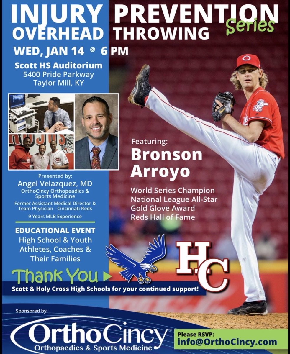 HolyCrossRadio's tweet image. Dr. Angel Velasquez &amp;amp; former Cincinnati Reds pitcher Bronson Arroyo will be hosting a free baseball “Injury Prevention” event. This will take place on Wednesday January 14th at 6 pm at Scott High School. Open to high school &amp;amp; youth players, coaches &amp;amp; their families. ⚾️