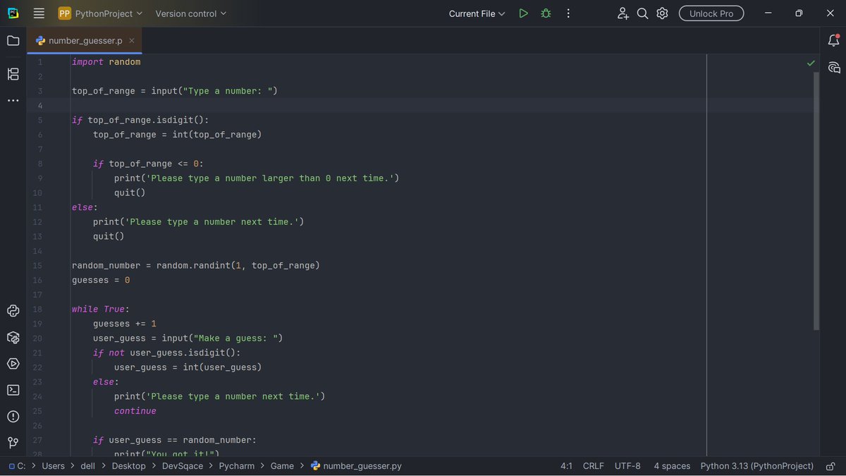DevSqace's tweet image. Built a number guessing game with Python 🐍
Practicing loops, conditionals, and input validation.
Learning by building every day 🚀
#DevSqace #Python #CodingJourney