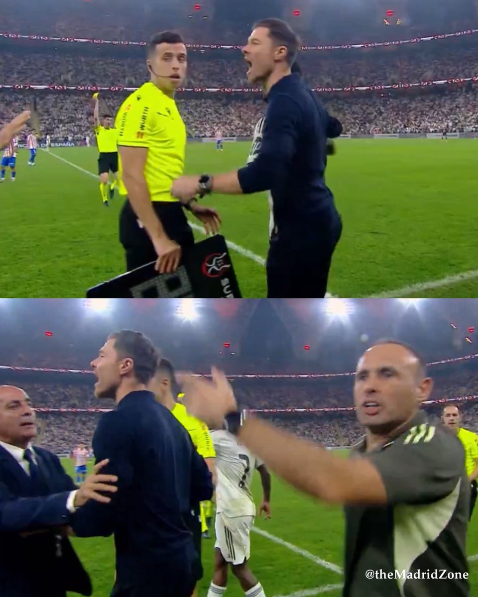 theMadridZone's tweet image. 🚨 Xabi Alonso and Real Madrid coaches going at Diego Simeone for taunting Vini Jr.