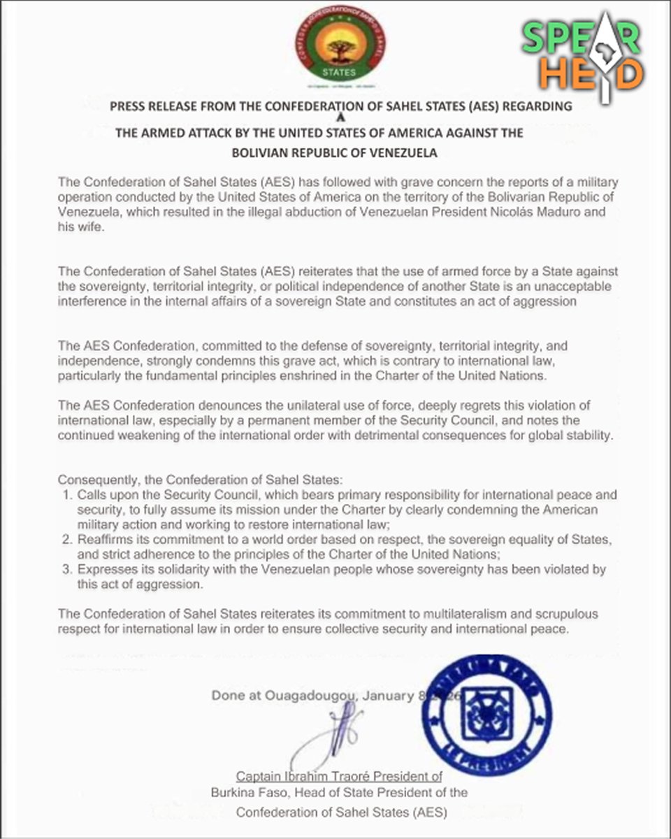 AES Releases Statement on US Military Invasion of Venezuela

The confederation of Sahel States (AES) has issued a statement strongly condemning the illegal military invasion of Venezuela and the abduction of its President Nicolas Maduro by the United States of America on January