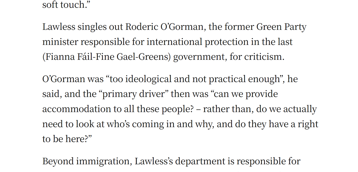 Even with ministerial restraint, Lawless unmasks O'Gorman's zeal: max asylum intake at any price. To hell with the consequences.

Roderic's tenure became a years long act of willful national vandalism. Done in pursuit of his crank ideology.

FFG enabled it. Voters reelected him.