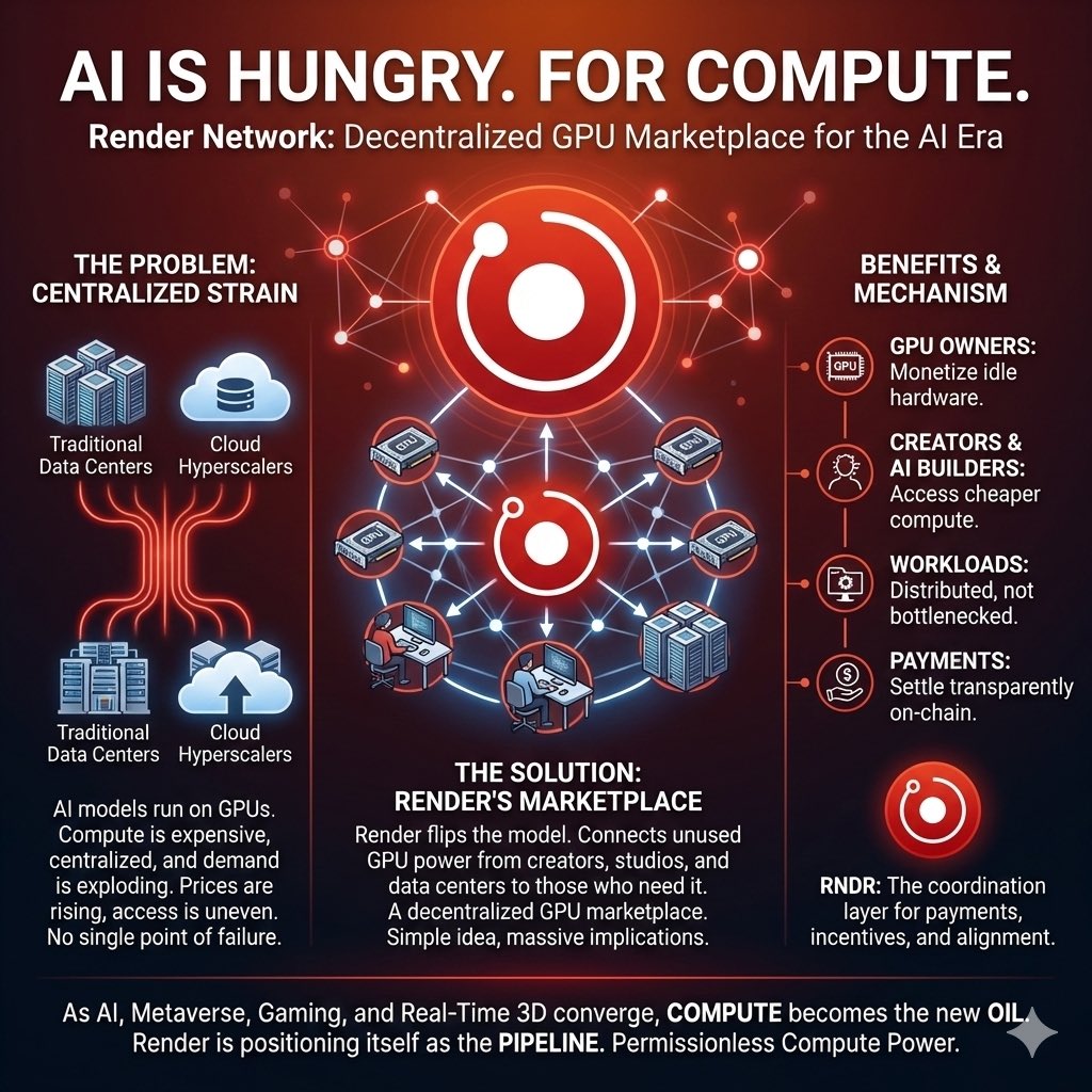 alphaevangelist's tweet photo. AI is hungry. Not for data. For compute.

And this is where Render quietly becomes one of the most important infrastructure plays in crypto.

AI models do not run on vibes. They run on GPUs.

Training, inference, 3D rendering, simulations, spatial computing. All of it is compute-intensive, expensive, and centralized.

Render flips that model. Instead of relying on a few hyperscalers, Render connects unused GPU power from creators, studios, and data centers to those who need it.

A decentralized GPU marketplace.

Simple idea. Massive implications.

Here’s what makes Render different:
❶ GPU owners monetize idle hardware ❷ Creators and AI builders access cheaper compute ❸ Workloads are distributed, not bottlenecked ❹ Payments settle transparently on-chain

No gatekeepers. No single point of failure.

This matters because AI demand is exploding faster than infrastructure can keep up.

Centralized compute is already strained. Prices keep rising. Access is uneven.

Render creates an open market for compute, where supply can scale globally instead of vertically.

And RNDR is the coordination layer.

It is used to pay for rendering jobs. Incentivize node operators. Align the network as demand grows.

As AI, metaverse worlds, gaming, and real-time 3D applications converge, compute becomes the new oil.

Render is positioning itself as the pipeline.
Not flashy. Not loud, but deeply structural.

The question isn’t whether AI needs more GPUs. It’s whether that power stays centralized, or becomes permissionless.
Render is betting on the second outcome.