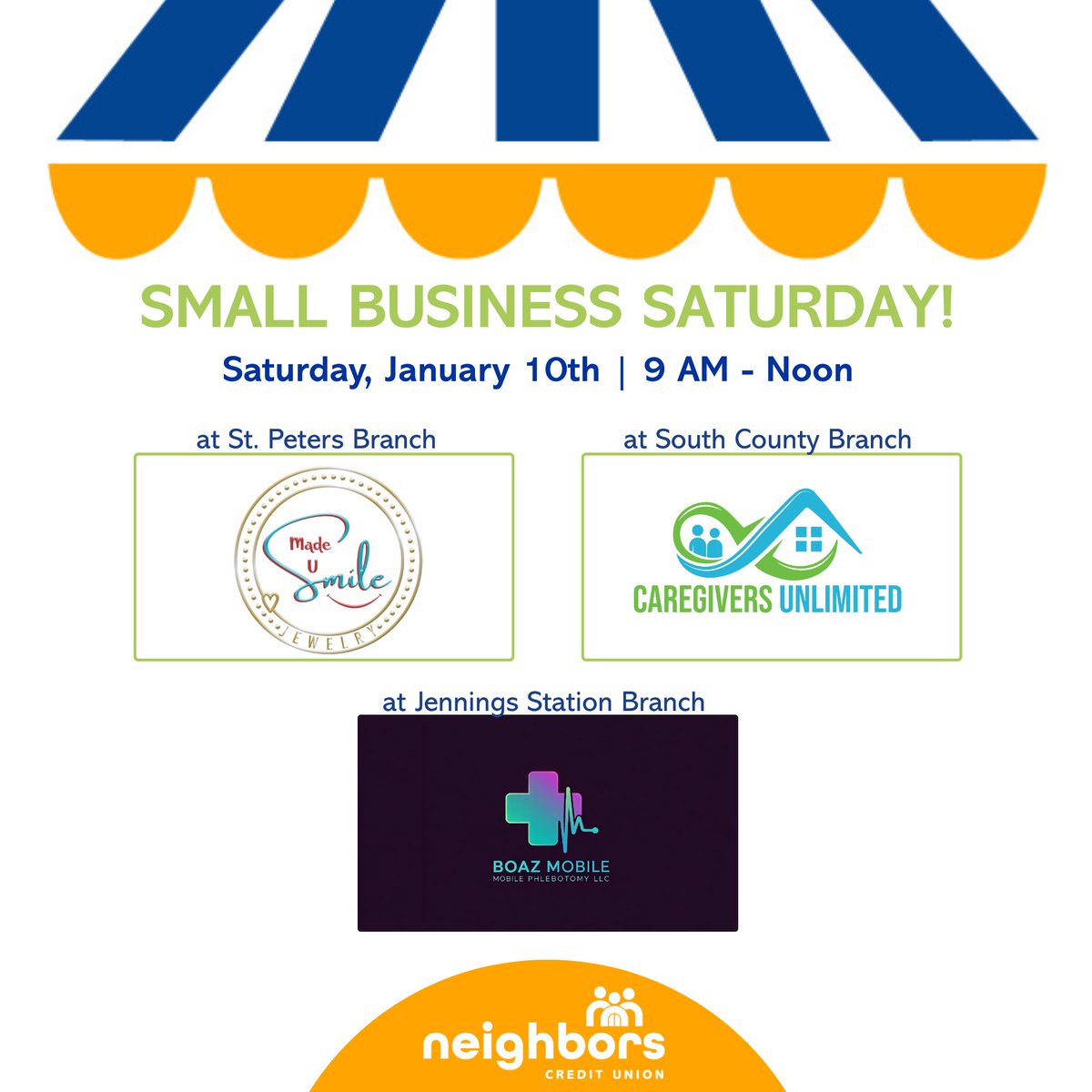 NeighborsCU's tweet image. Small Business Saturday Pop-Up is back to kick off the new year 🎉
📅 Sat, Jan 10 | 9AM-Noon
🛍️ Featuring Caregivers Unlimited, Boaz Mobile &amp;amp; Made U Smile Jewelry
Support local. Meet your neighbors.
🔗 NeighborsCU.org

#SmallBusinessSaturday #ShopLocal #MeetYourNeighbors