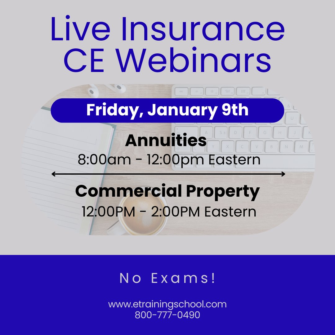 EITINS's tweet image. 📅 Friday CE, made simple.
Join live Insurance CE webinars on Jan 9 — NO exams.

Annuities (8AM ET) • Commercial Property (12PM ET)
Earn credits from your home or office - #EasyCE

👉 etrainingschool.com