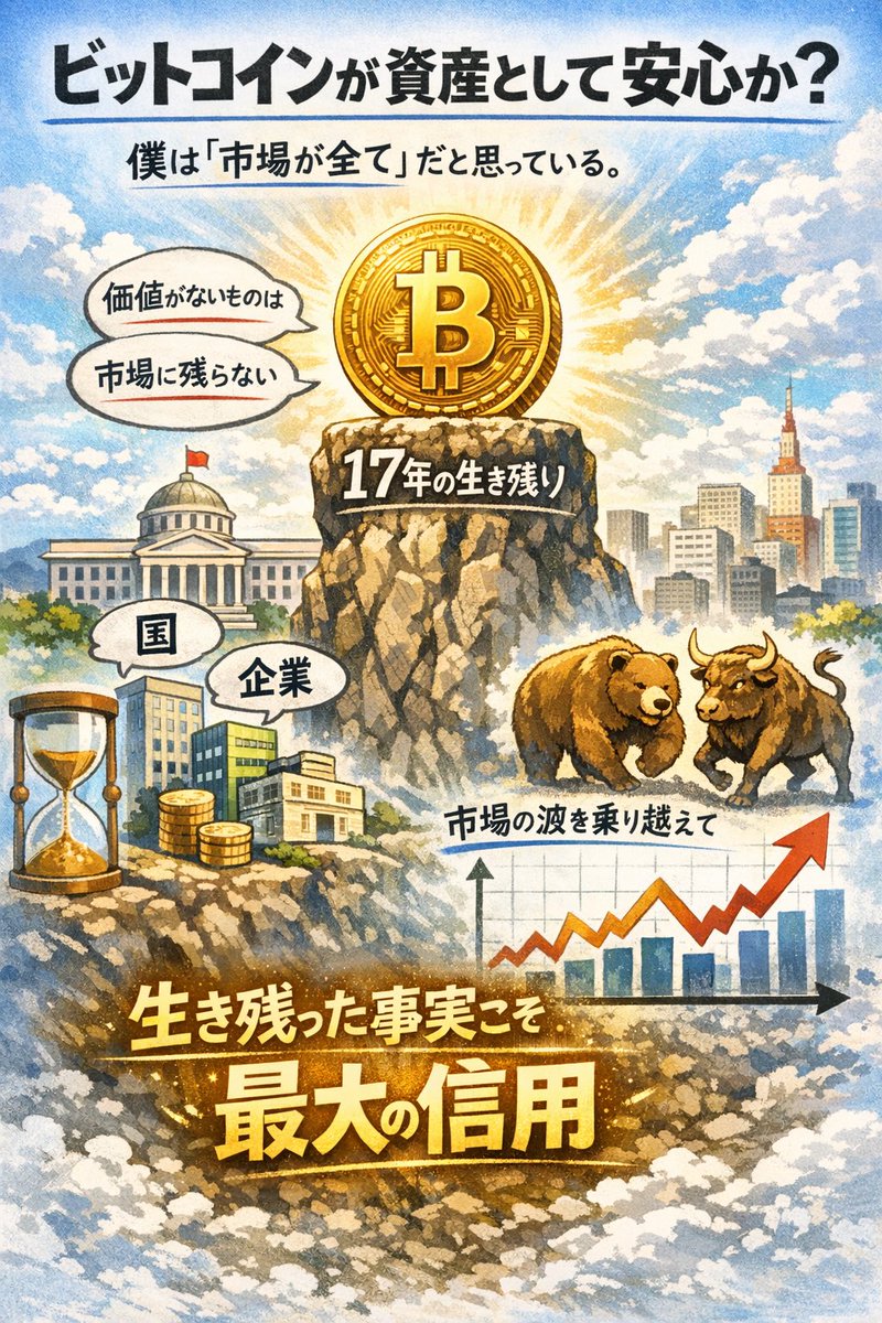 ビットコインが資産として安心か？ 僕は「市場が全て」だと思っている。 価値がないものは 17年も市場に残らない。 国でも、企業でも、通貨でも同じ。  市場に生き残った事実こそ 最大の信用。 #ビットコイン #投資家さんと繋がりたい