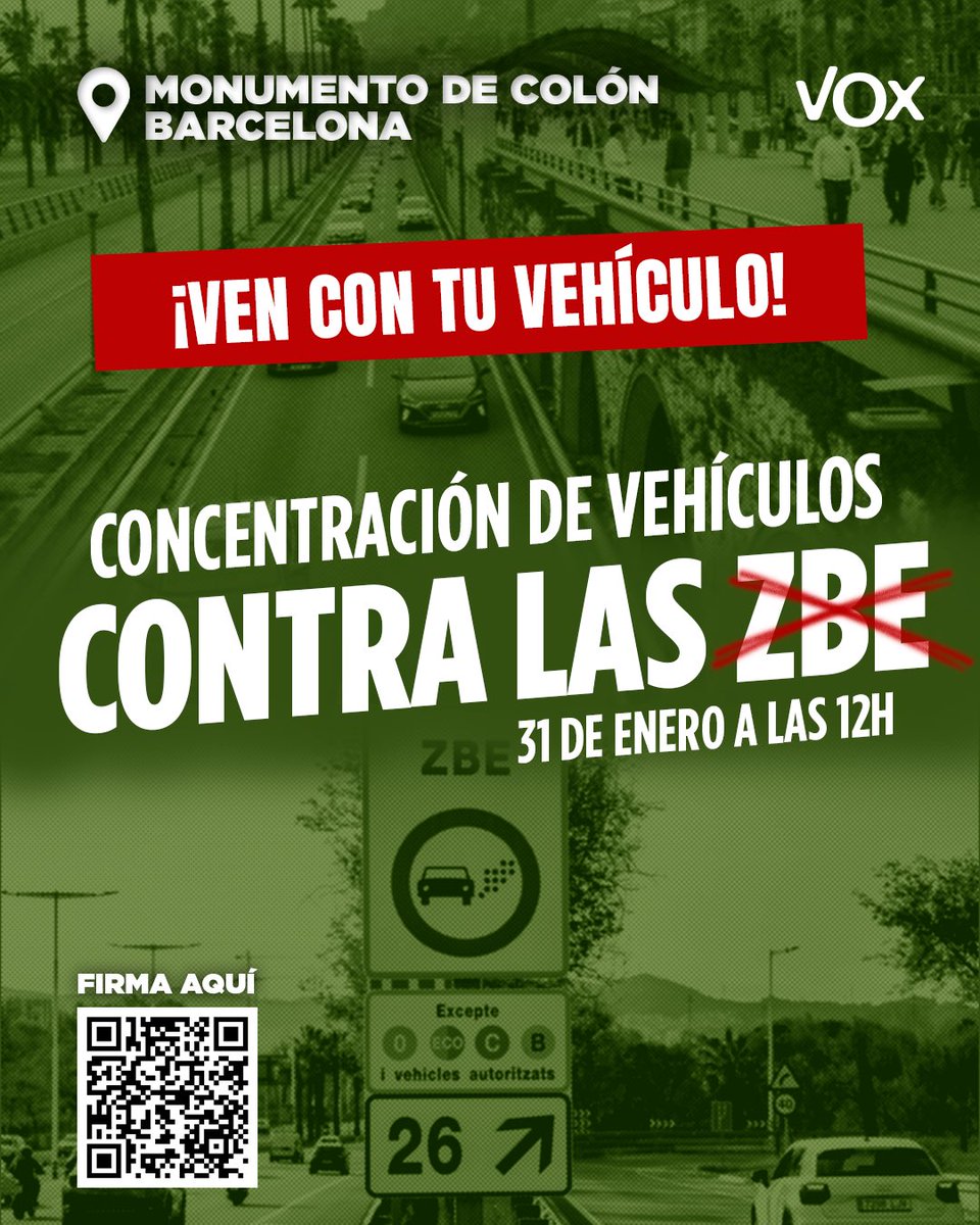 VOX_Cataluna's tweet image. 🚫🚗 GRAN CONCENTRACIÓN de vehículos contra las ZBE.

Ven con tu coche, moto, furgoneta, camión o camioneta a manifestarte en la Plaza Colón de Barcelona.

🗺️ Próximamente anunciaremos caravanas desde diferentes puntos de la provincia de Barcelona.

¡Te esperamos!

🚙🛵🚚🚐