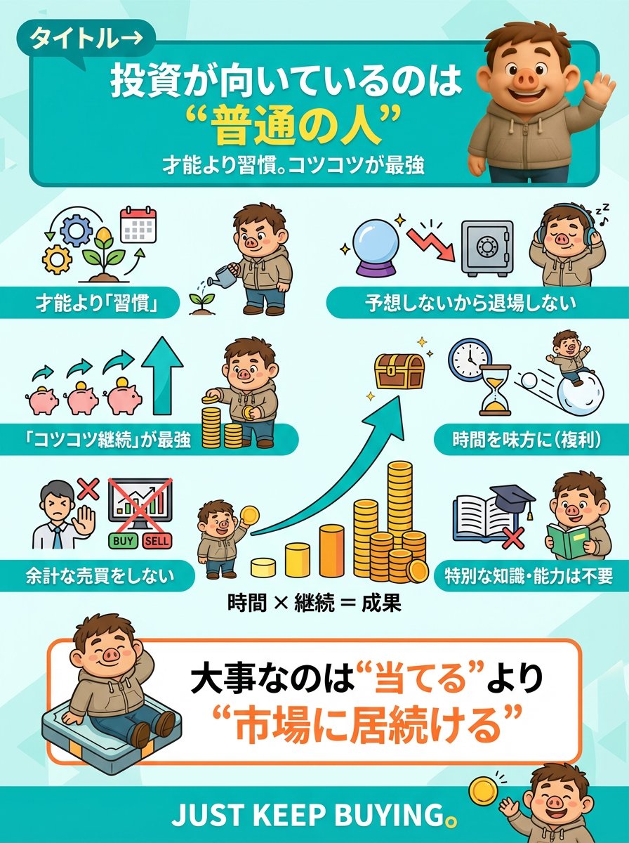 投資が向いているのは「特別な人」ではなく「普通の人」。コツコツと続けられる普通の人が強い。ただ買い増しを続けるだけで資産は勝手に増えていく。