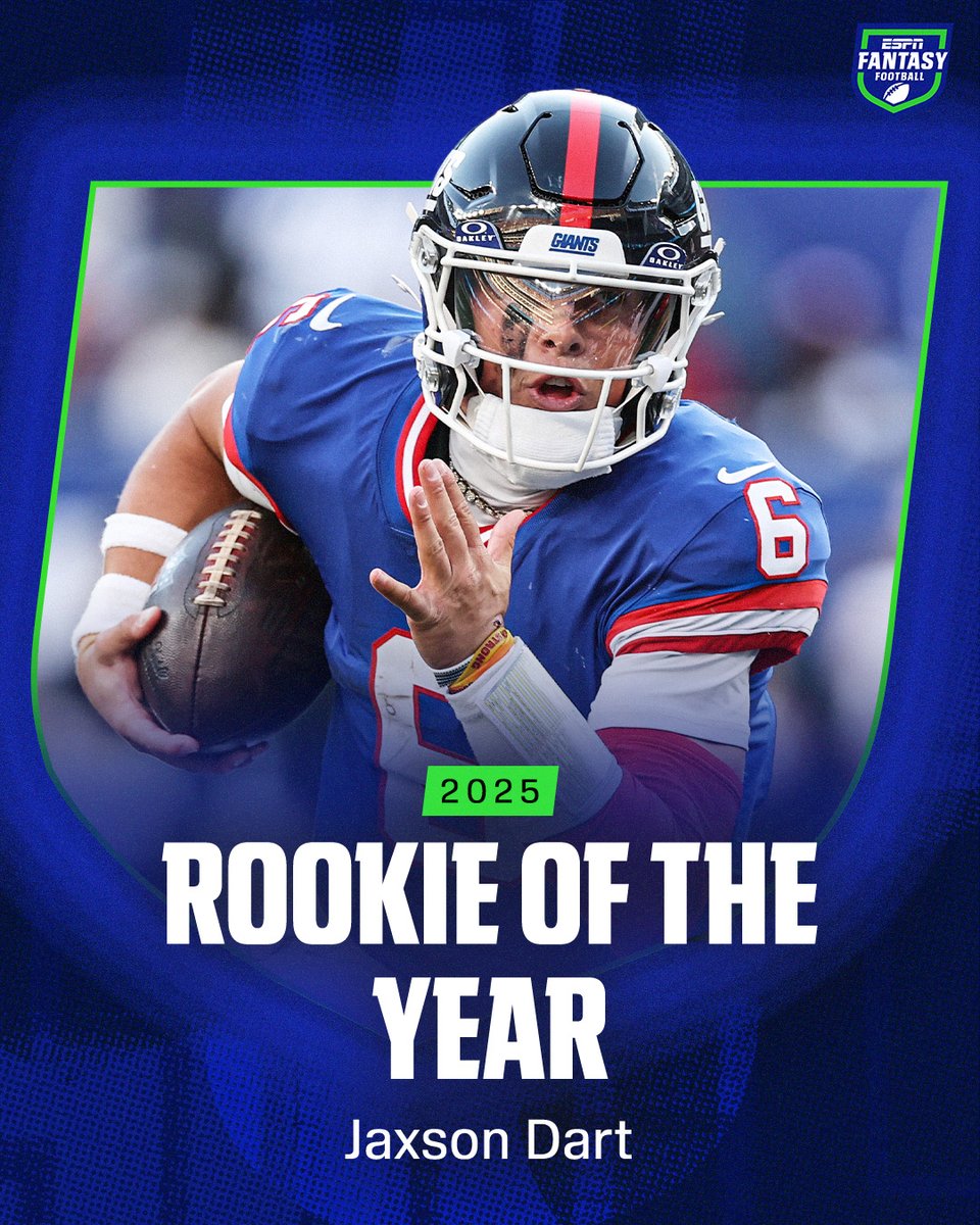 ESPNFantasy's tweet image. What a rookie season for Jaxson Dart 👏 

Our fantasy rookie of the year 🎯