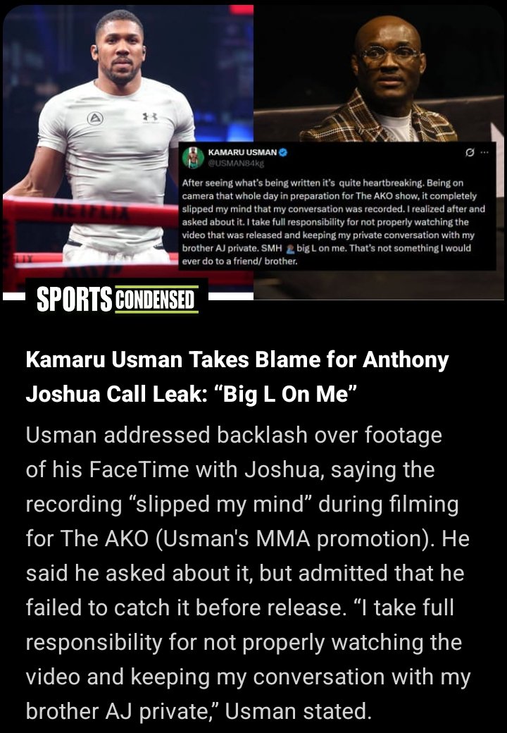 ufccondensed's tweet photo. Kamaru Usman apologizes for leaking video call with former boxing heavyweight champion.

https://t.co/6cvu4byKwU

#ufcnews #ufc #boxing #anthonyjoshuaaccident https://t.co/1dcVN1iWFZ