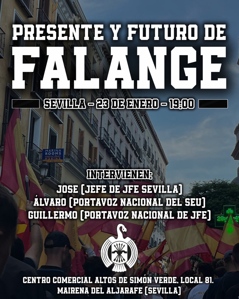 falange_sevilla's tweet image. PRESENTE Y FUTURO DE FALANGE

El día 23 tienes una cita en el @espaciolibreES  en el que contaremos con una mesa redonda que analizará y debatirá ciertos aspectos que rodean al movimiento.

¡ACUDE!