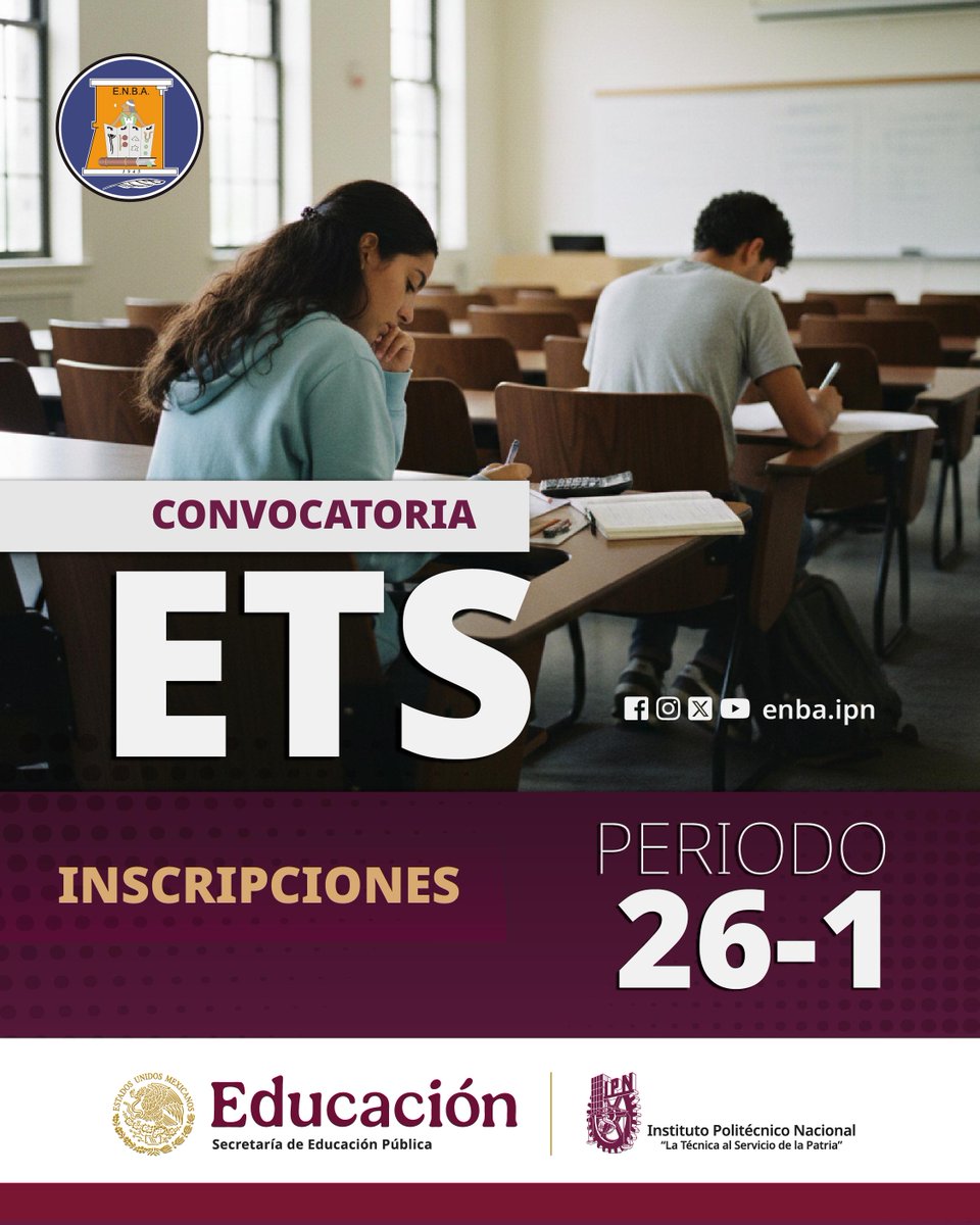 📢Convocatoria a Inscripciones para EXÁMENES A TÍTULO DE SUFICIENCIA (ETS), Período 26-1.
Consulta las bases en:
🪢enba.ipn.mx
📃Ver convocatoria: 
goo.su/ncUbnUp
#enbaipn #ipn