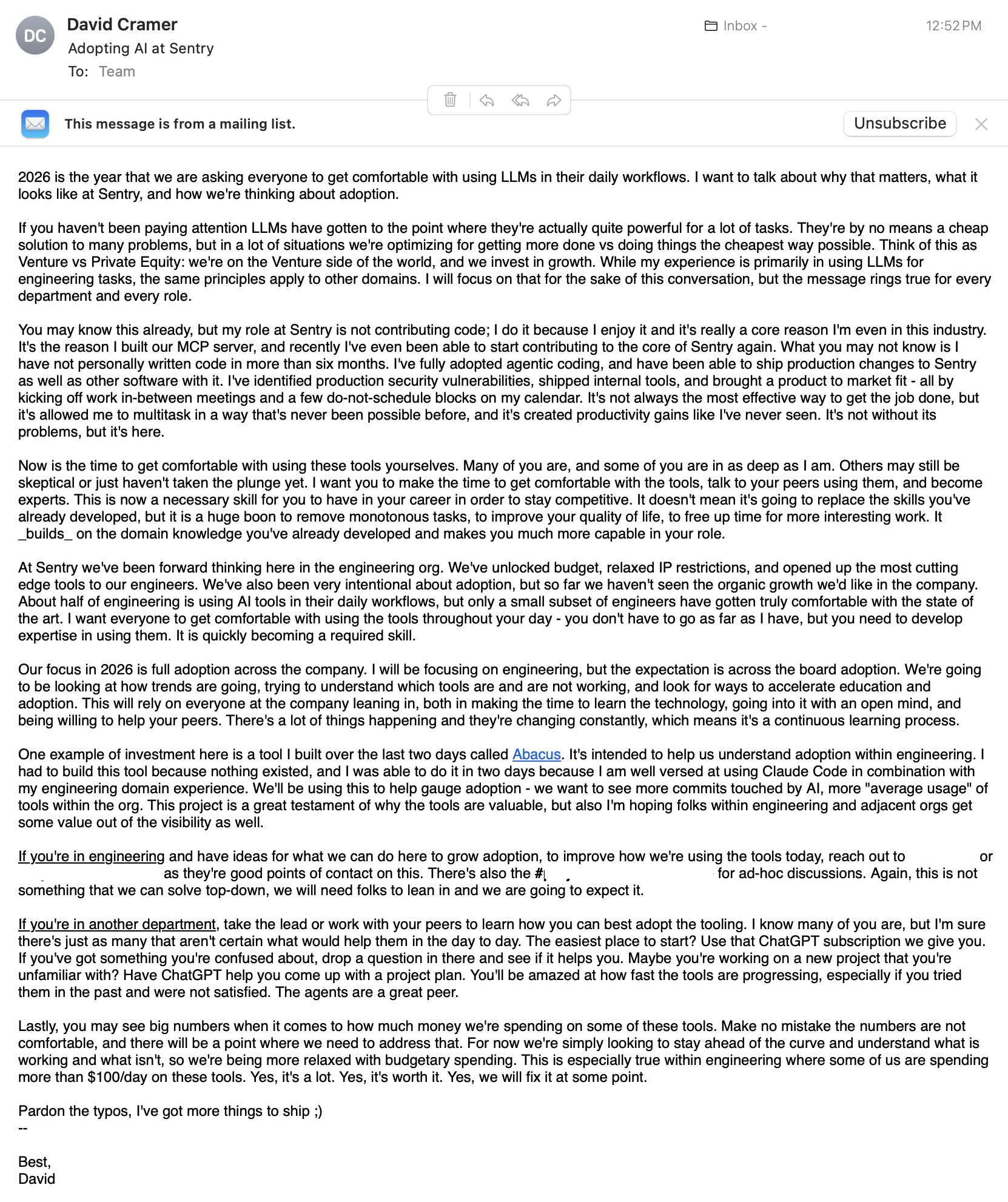 Sentry 採用 AI – 「內部」郵件