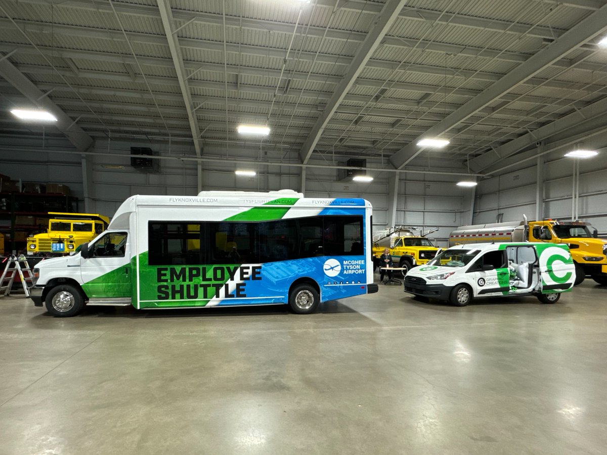 GCKnoxville's tweet image. From shop floor to runway ✈️ We’re proud to wrap the employee shuttle for McGhee Tyson Airport, keeping it on brand and on the move. Big projects, bold graphics, and a team that loves bringing them to life.

#graphiccreations #vehiclewraps #printlocal #trustedprinter