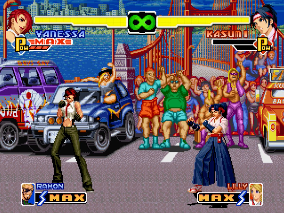 Woman Fighters Team : 

Mai -> Chizuru : KOF96 Chizuru Stage
Yuri -> Nakoruru : Samurai Shodown Nakoruru Stage (Samurai Shodown 3 Nakoruru Theme)
Kasumi -> Xiangfei : Real Bout 2 Xiangfei Stage
Hinako -> Lily Kane : Fatal Fury Billy Kane Stage