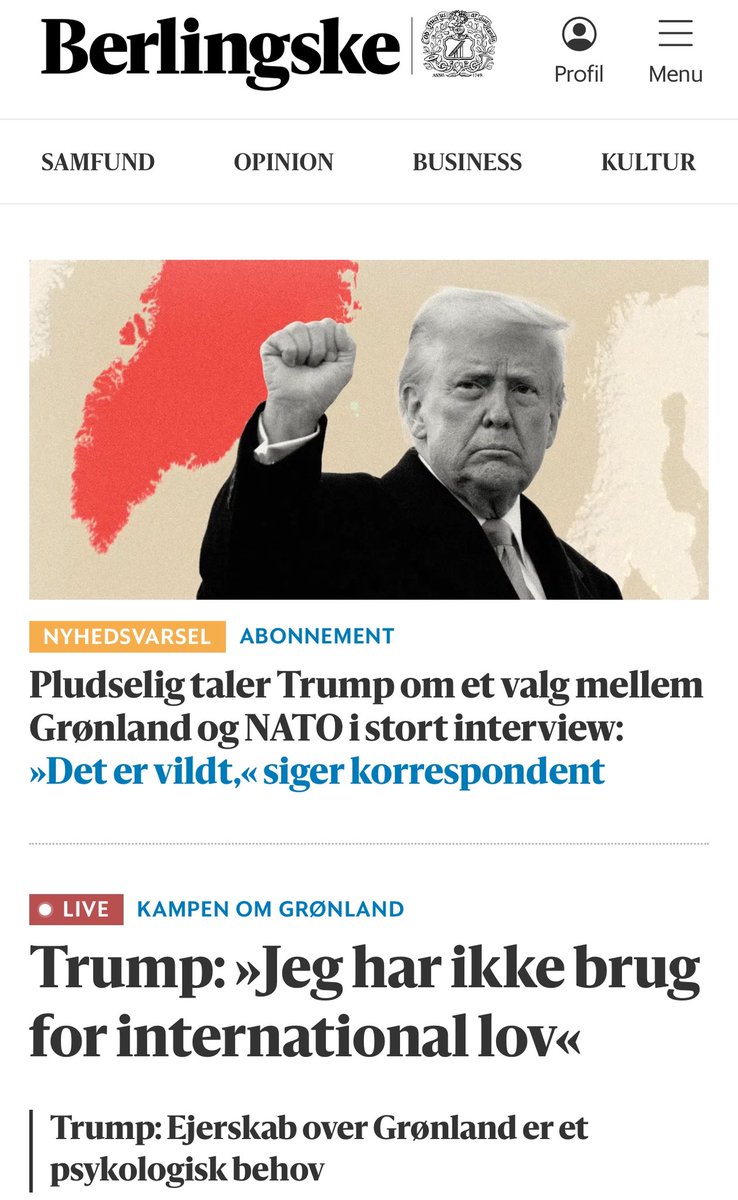 Den verden vi lever i:

Præsident Trump vil have Grønland. På den ene eller den anden måde. 

Trump siger, at det kan blive et valg mellem at få Grønland eller bevare NATO. 

Trump siger, at det er et ‘psykologisk behov’ for ham at få ejerskab over Grønland. 

Trump siger, at han
