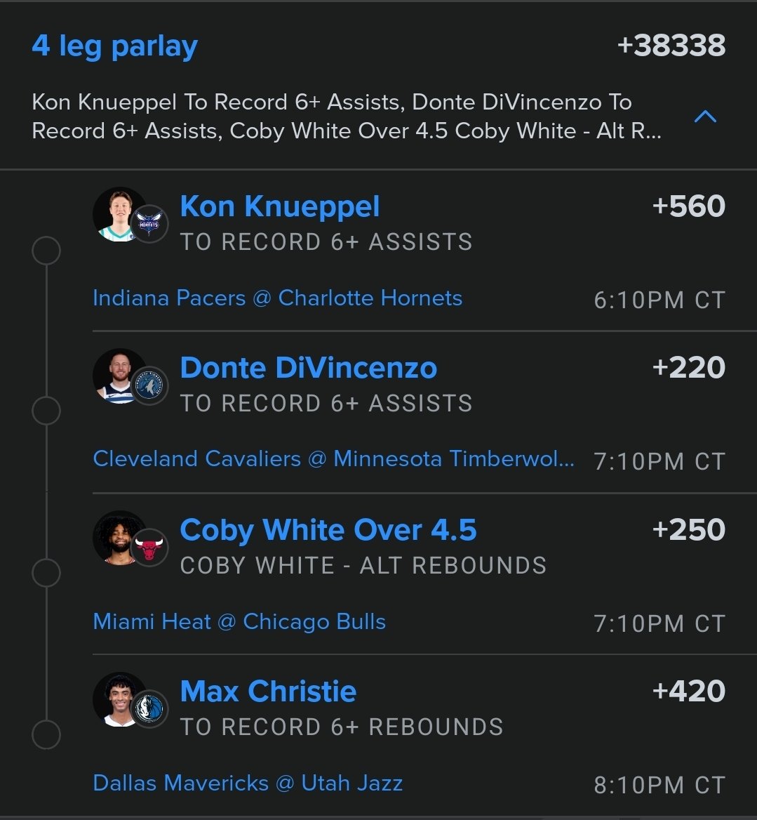 sobernumbers's tweet image. Last parlay of the day. Longshot!!! Give it .1 units max +38000.

#NBA #PlayerProps #NBAPicks #SportsBettingx #parlay