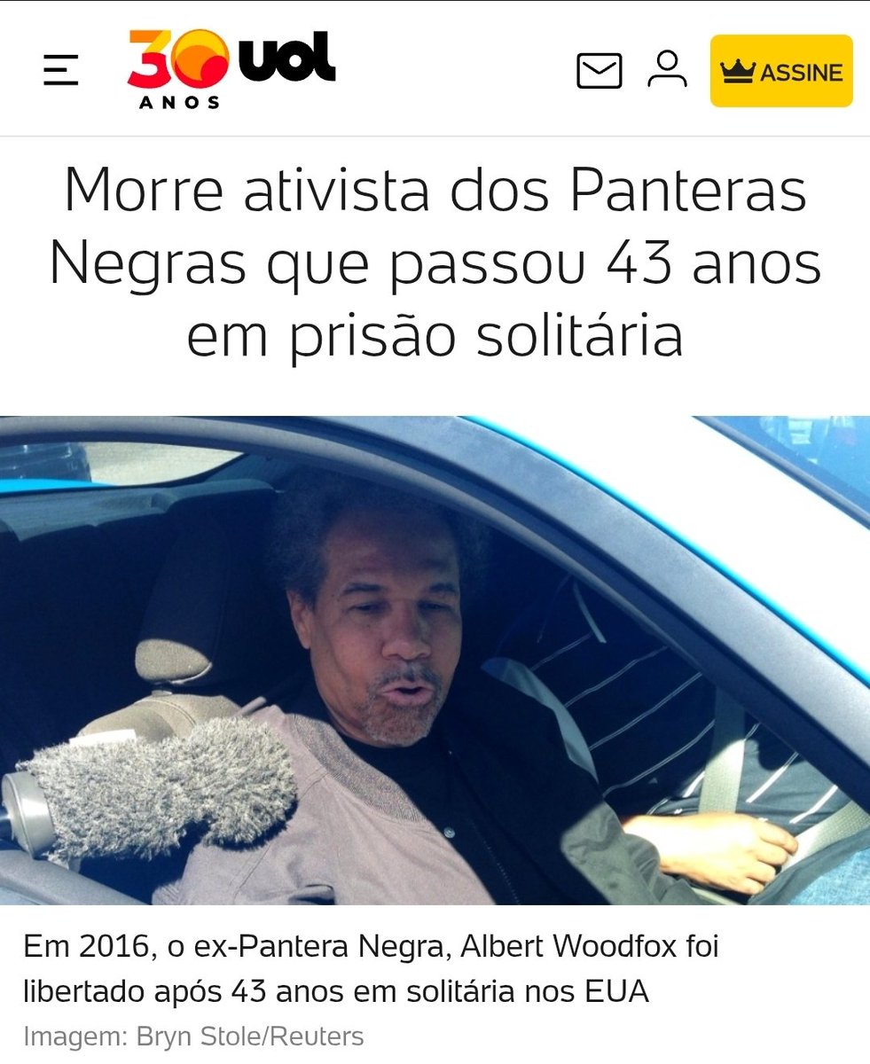 susanabotar's tweet image. Que "ditamole"!

Já os EUA mantiveram membros dos Panteras Negras presos por décadas, mesmo após campanhas internacionais denunciarem condenações fraudulentas. 

Albert Woodfox foi um deles: passou 43 anos na solitária, preso 23h/dia numa pequena cela escura. Saiu idoso e morreu.