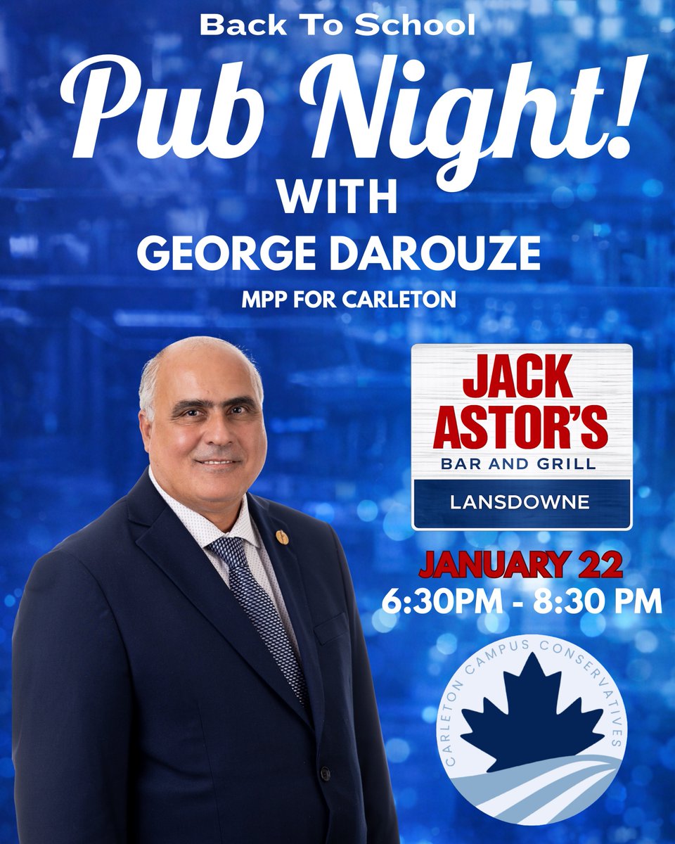 CUConservatives's tweet image. We are pleased to invite our members to a Back-to-School Pub Night featuring George Darouze, MPP for Carleton.

RSVP via link in bio, we hope to CU there!!