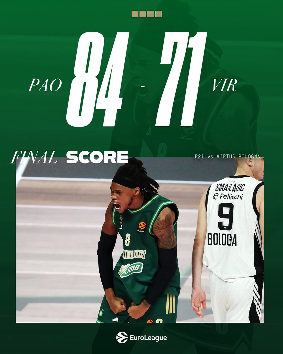 Paobcgr's tweet image. Final Score ☘️

#paobcaktor - @VirtusBo 84-71

#WeTheGreens #Club1908