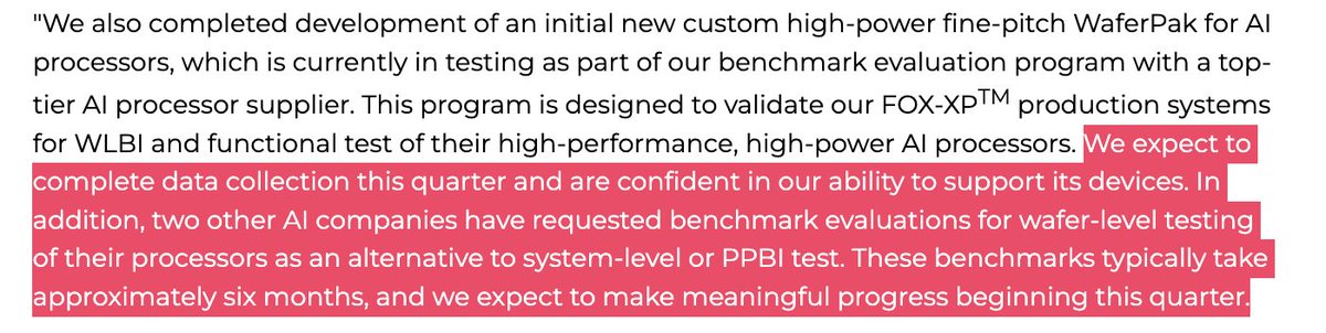 Looking forward to $AEHR's conference call. Hopefully there is more color regarding this additional line they put in the earnings press release:  

"two OTHER AI companies have requested benchmark evaluations for waver-level testing of their processors".

accessnewswire.com/newsroom/en/in…
