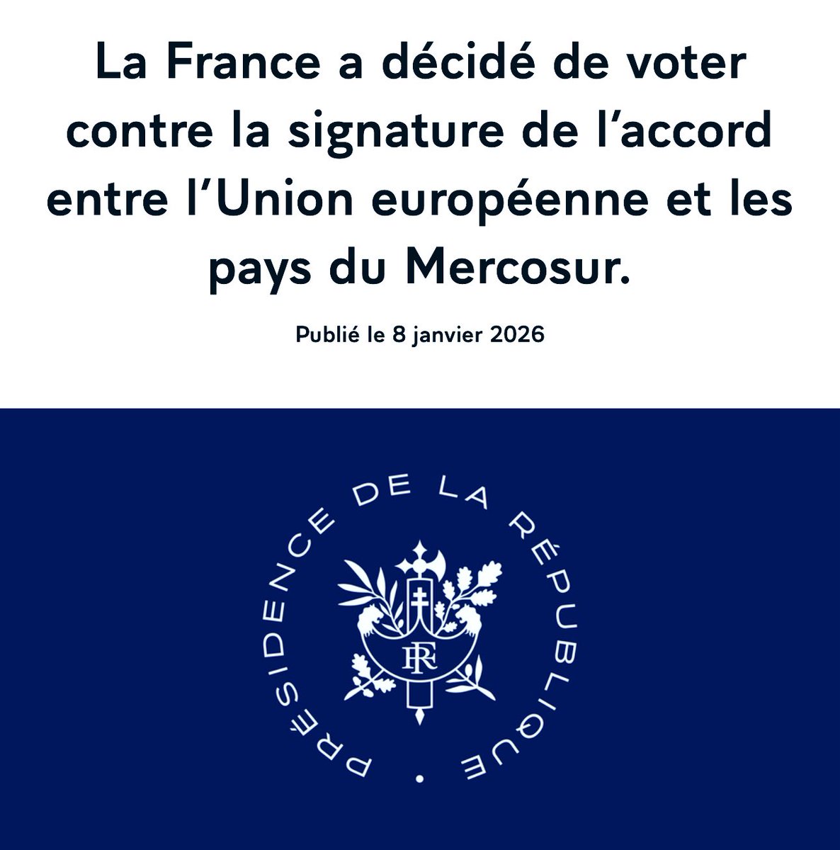 Contrairement à ce que colportent l'extrême droite et l'extrême gauche, c'est grâce à la France, ses agriculteurs, ses ministres, ses présidents successifs qu’il existe, encore aujourd’hui, une voix 🇪🇺 forte d’opposition au #Mercosur. 
Si le Conseil valide l’accord dans les